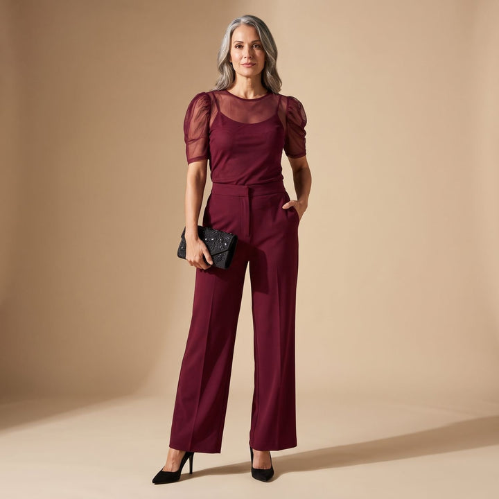 Women's Elegant Mesh Mock-Neck Puff-Sleeve Wide-Leg Two Piece Set - Wine Red