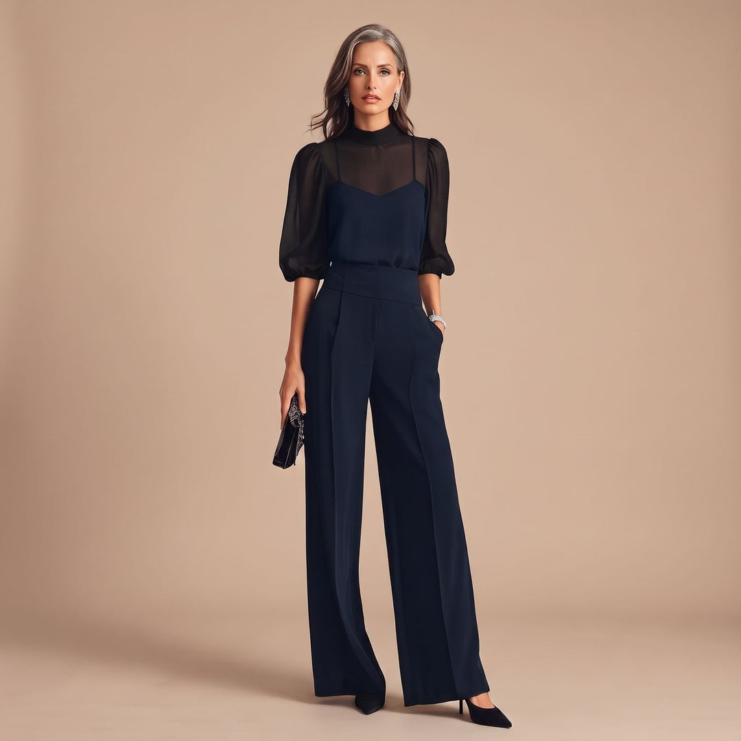 Women's Elegant Mesh Mock-Neck Puff-Sleeve Wide-Leg Two Piece Set - Marine Blue