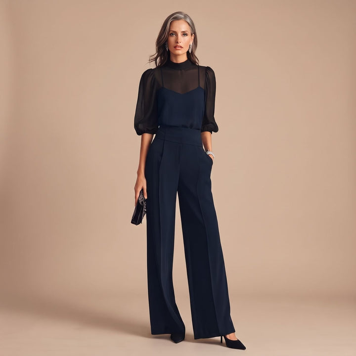 Women's Elegant Mesh Mock-Neck Puff-Sleeve Wide-Leg Two Piece Set - Marine Blue