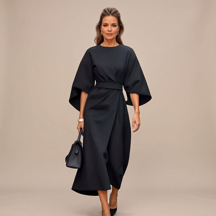 Women's Elegant Midi Formal Dress Lantern Sleeve Belted - Black