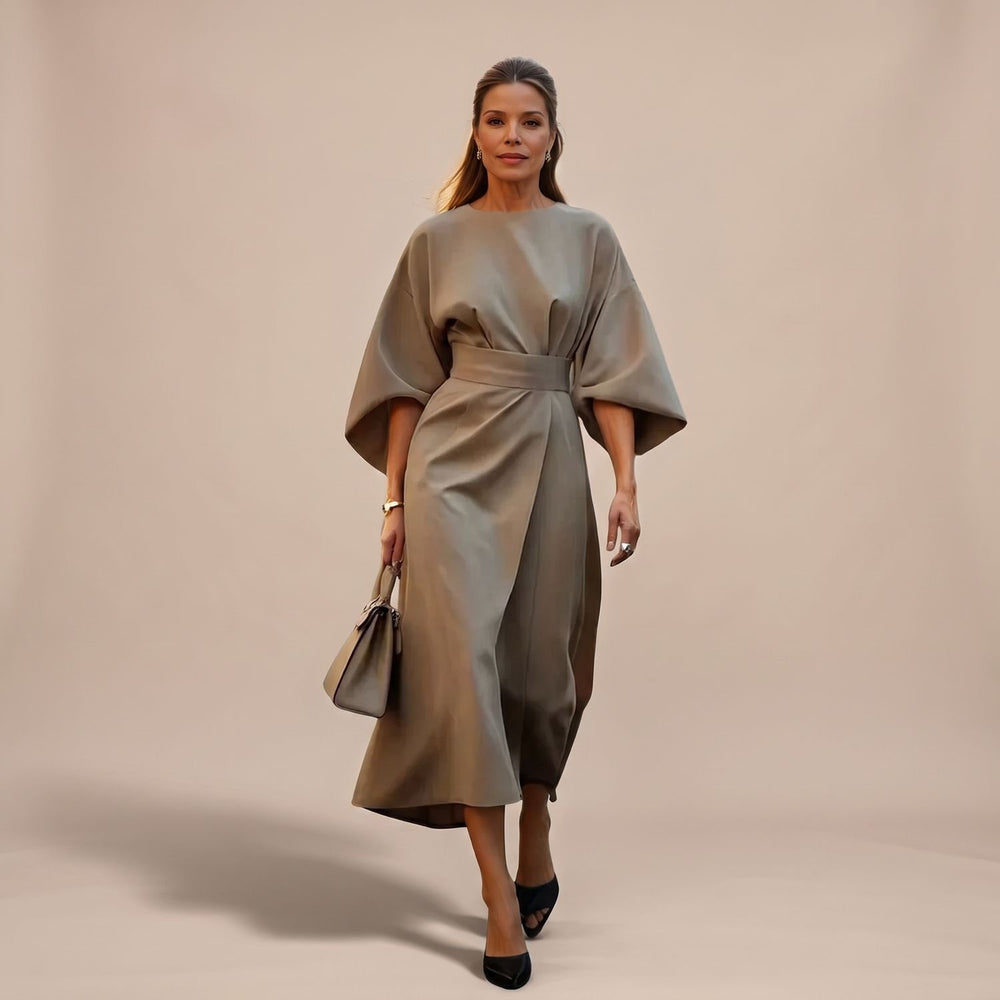 Women's Elegant Midi Formal Dress Lantern Sleeve Belted - Beige