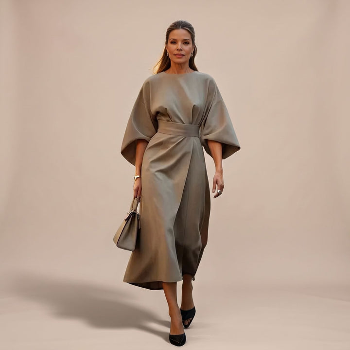 Women's Elegant Midi Formal Dress Lantern Sleeve Belted - Beige