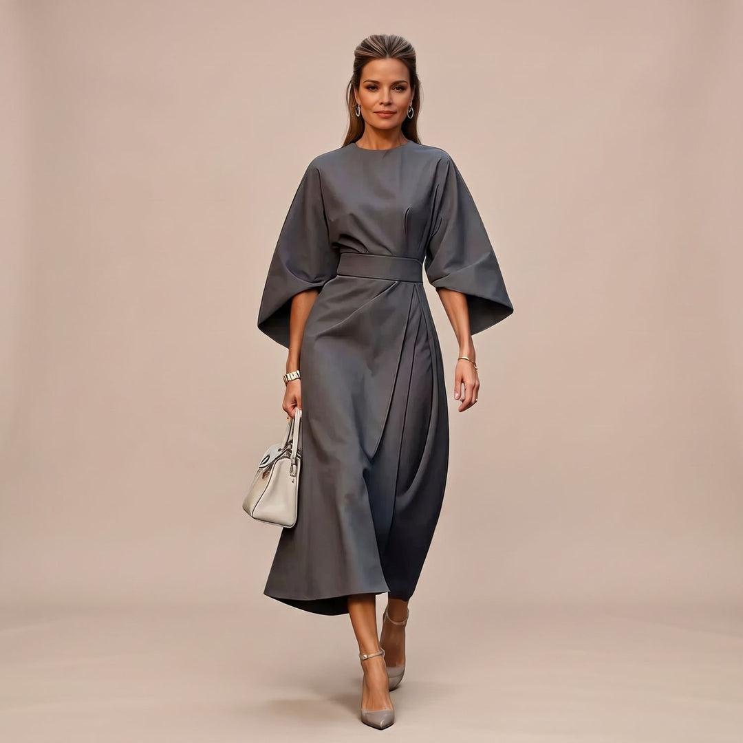 Women's Elegant Midi Formal Dress Lantern Sleeve Belted - Gray