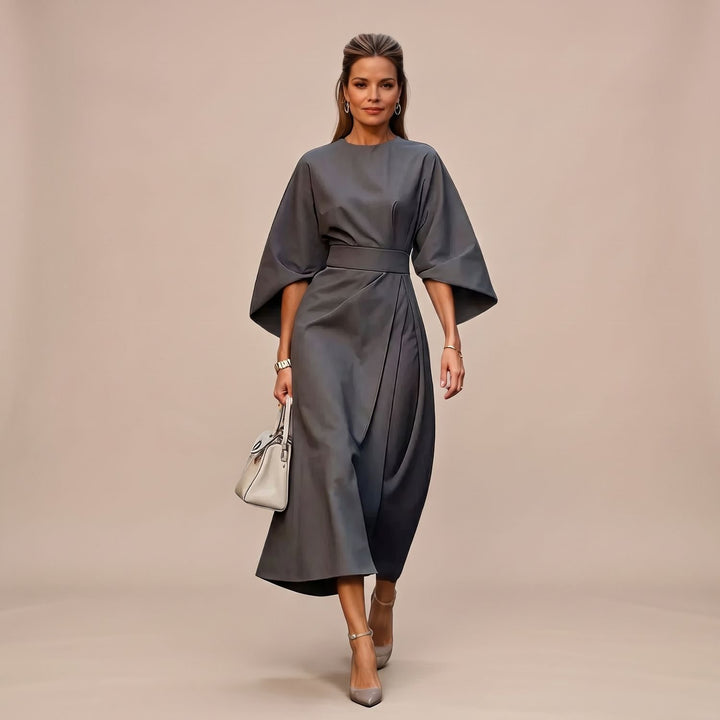 Women's Elegant Midi Formal Dress Lantern Sleeve Belted - Gray