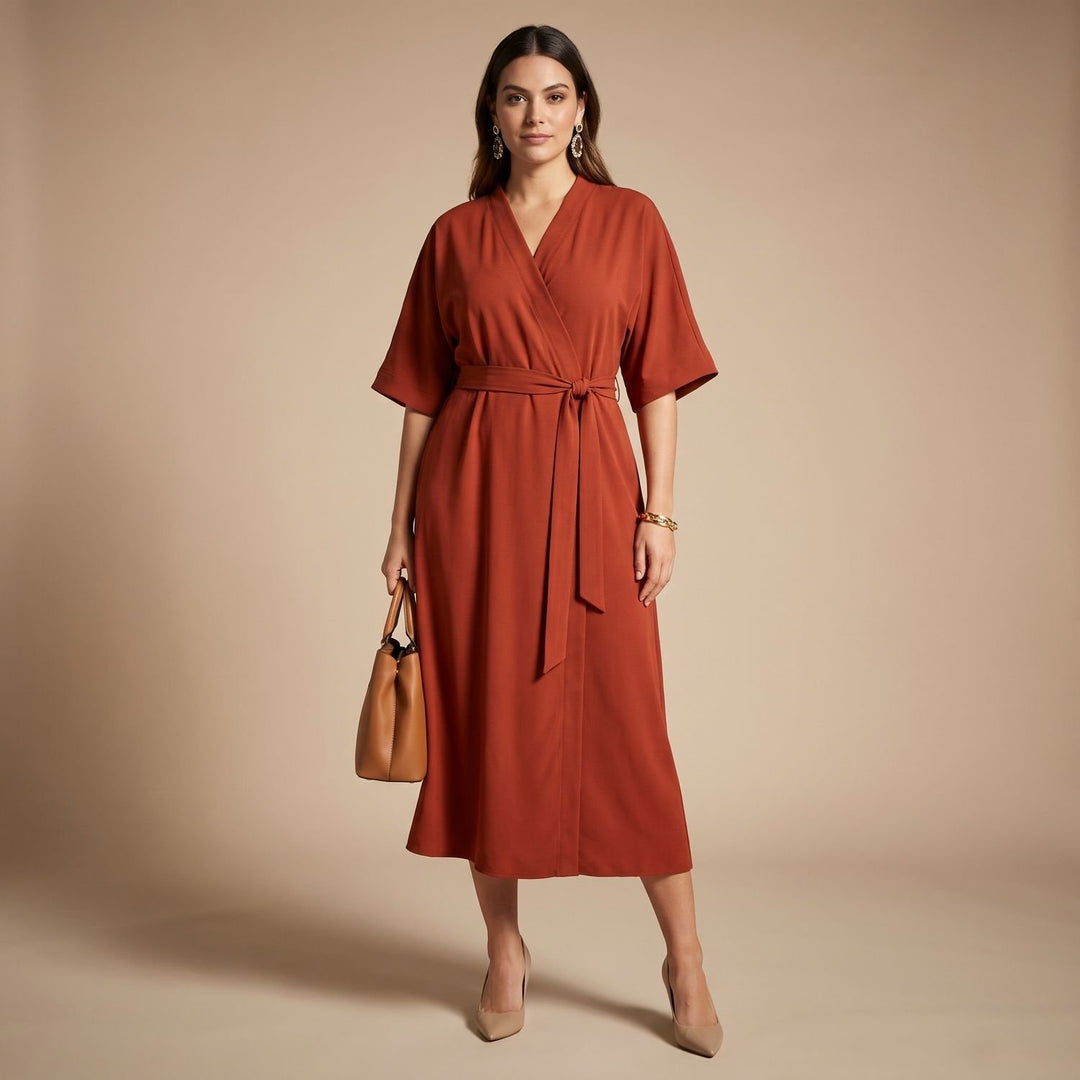 Women's Elegant Midi Formal Dress Lantern Sleeve Belted - Brown