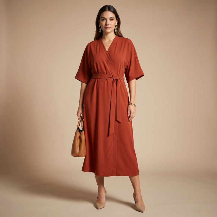 Women's Elegant Midi Formal Dress Lantern Sleeve Belted - Brown