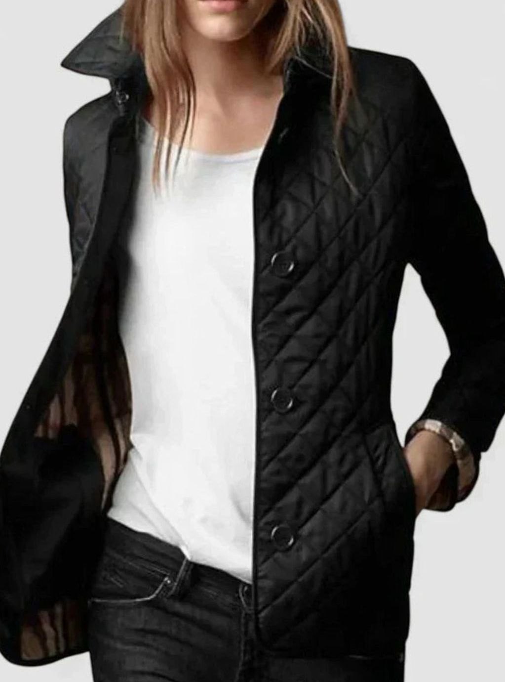 Women's Elegant Quilted Winter Coat Button-Front Jacket - Black