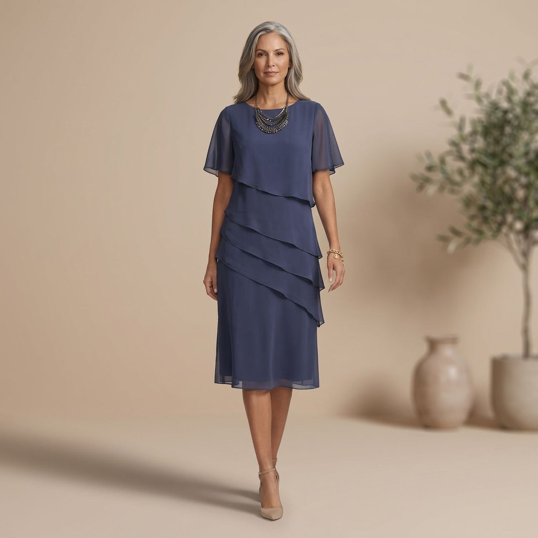 Women's Elegant Tiered Ruffle Formal Dress Round Neck Cap Sleeves - Navy Blue