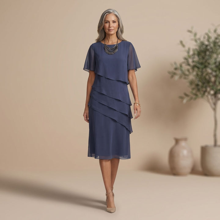 Women's Elegant Tiered Ruffle Formal Dress Round Neck Cap Sleeves - Navy Blue