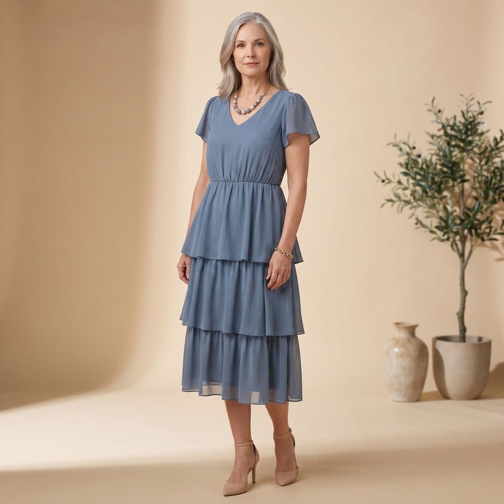 Women's Elegant Tiered Ruffle Formal Dress Round Neck Cap Sleeves - Blue
