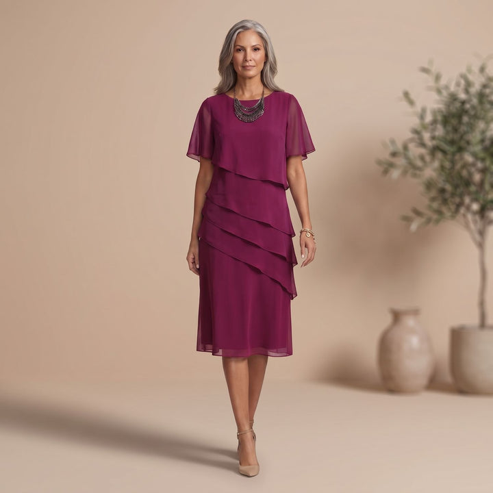 Women's Elegant Tiered Ruffle Formal Dress Round Neck Cap Sleeves - Red
