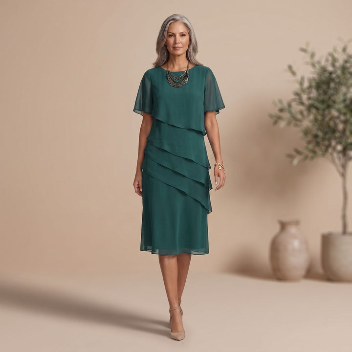 Women's Elegant Tiered Ruffle Formal Dress Round Neck Cap Sleeves - Green