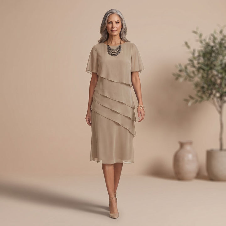 Women's Elegant Tiered Ruffle Formal Dress Round Neck Cap Sleeves - Khaki