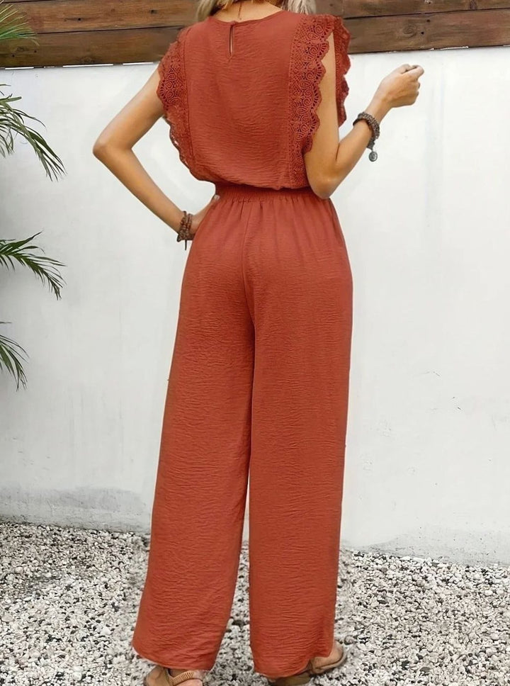 Women's Elegant Two Piece Set Lace-Trim Wide-Leg Pant Suit