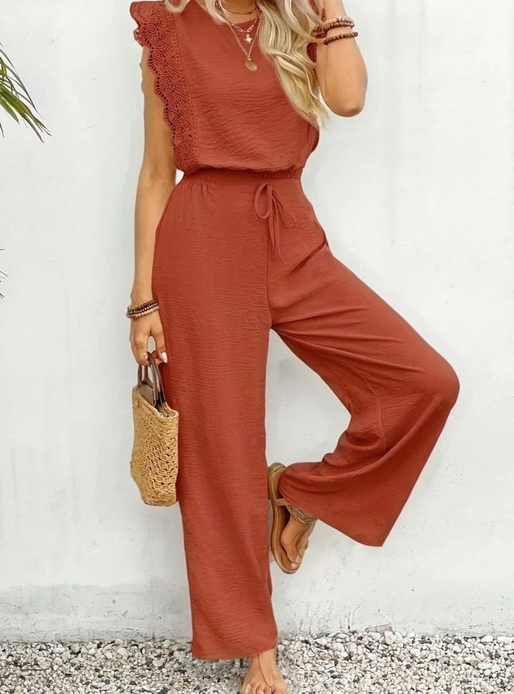 Women's Elegant Two Piece Set Lace-Trim Wide-Leg Pant Suit
