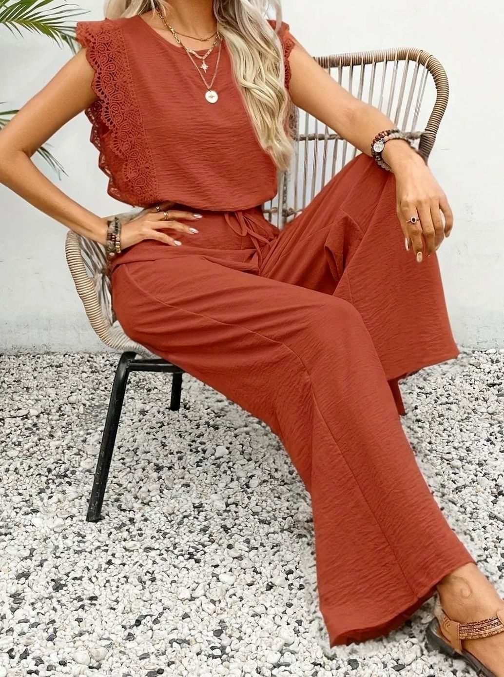Women's Elegant Two Piece Set Lace-Trim Wide-Leg Pant Suit