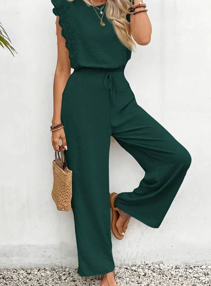 Women's Elegant Two Piece Set Lace-Trim Wide-Leg Pant Suit