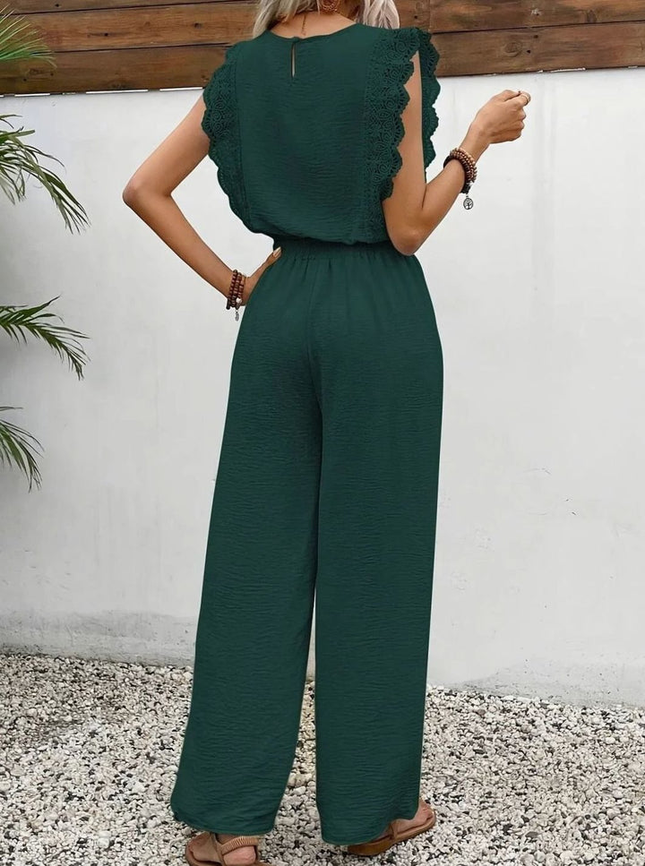 Women's Elegant Two Piece Set Lace-Trim Wide-Leg Pant Suit