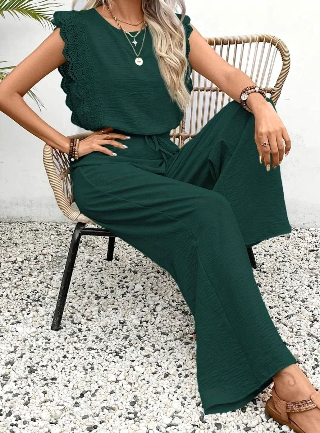 Women's Elegant Two Piece Set Lace-Trim Wide-Leg Pant Suit