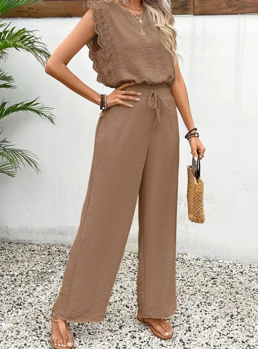 Women's Elegant Two Piece Set Lace-Trim Wide-Leg Pant Suit
