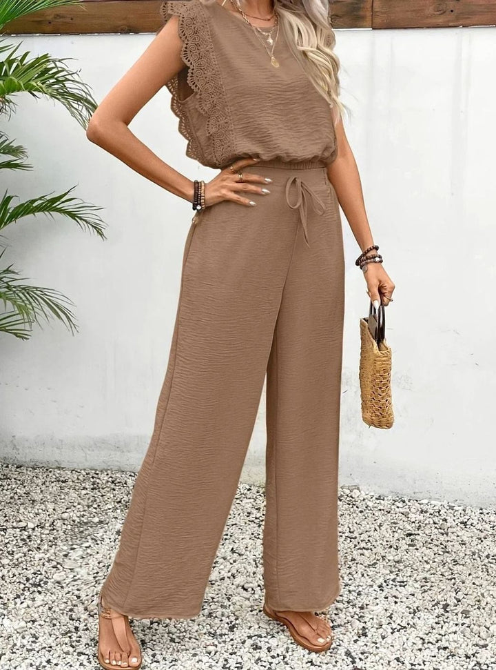 Women's Elegant Two Piece Set Lace-Trim Wide-Leg Pant Suit