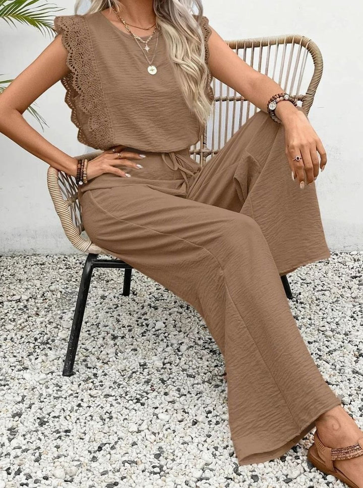 Women's Elegant Two Piece Set Lace-Trim Wide-Leg Pant Suit