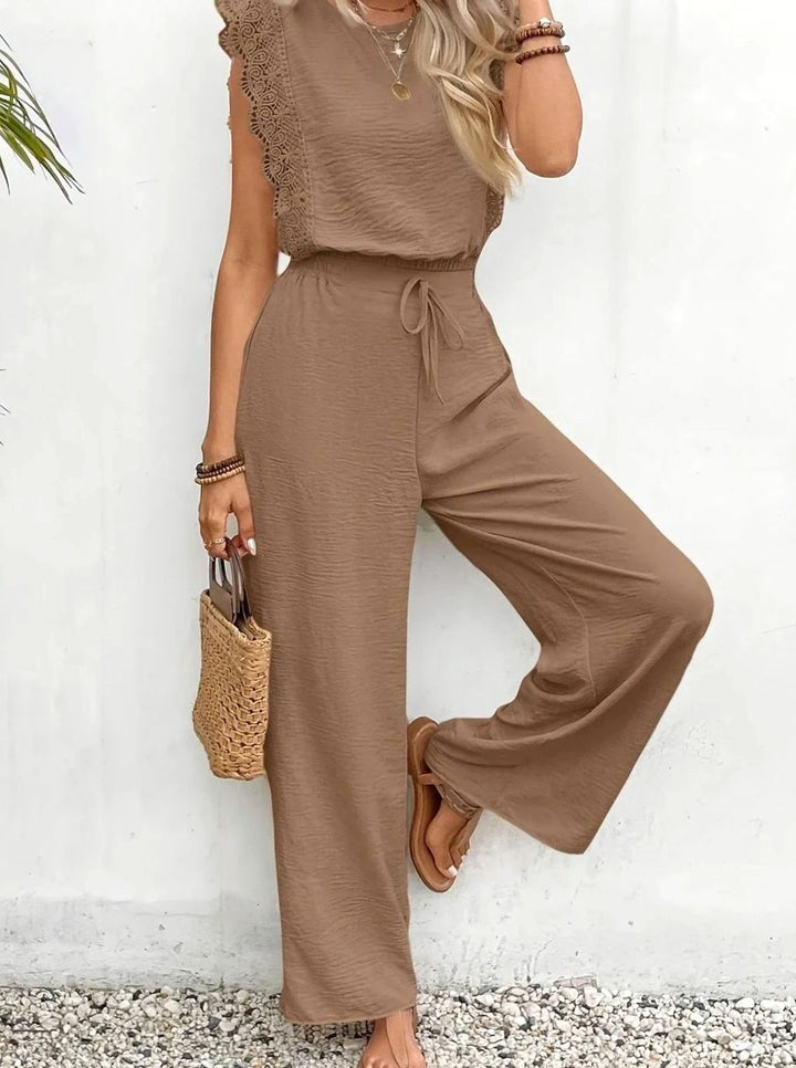 Women's Elegant Two Piece Set Lace-Trim Wide-Leg Pant Suit