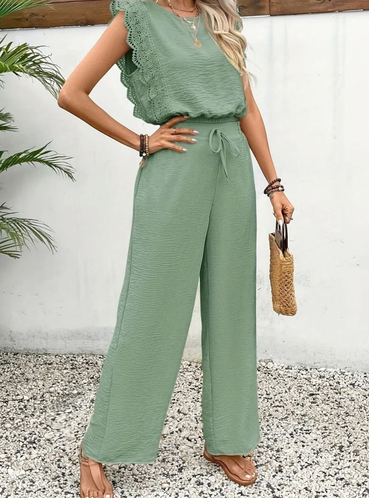 Women's Elegant Two Piece Set Lace-Trim Wide-Leg Pant Suit