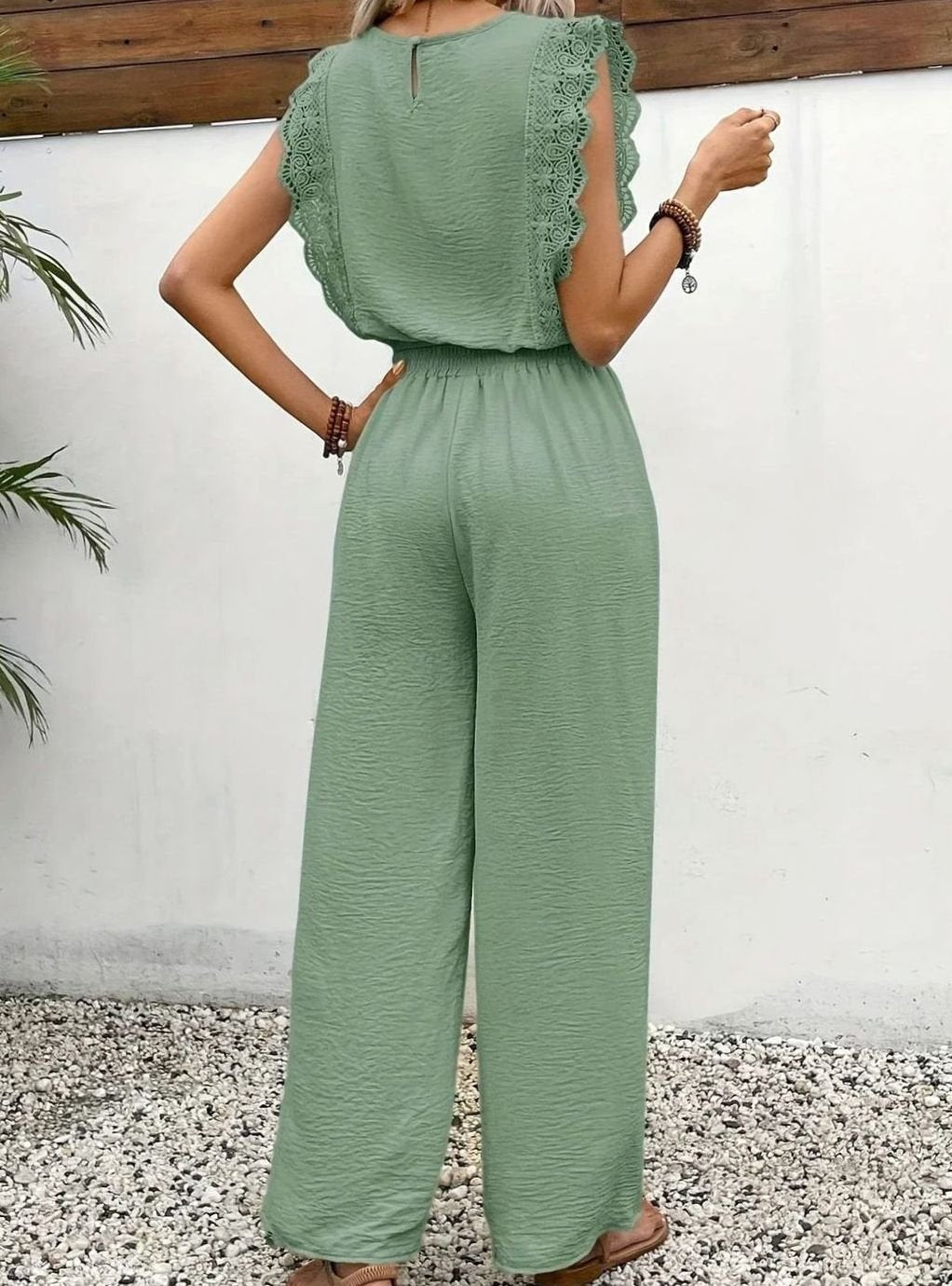 Women's Elegant Two Piece Set Lace-Trim Wide-Leg Pant Suit