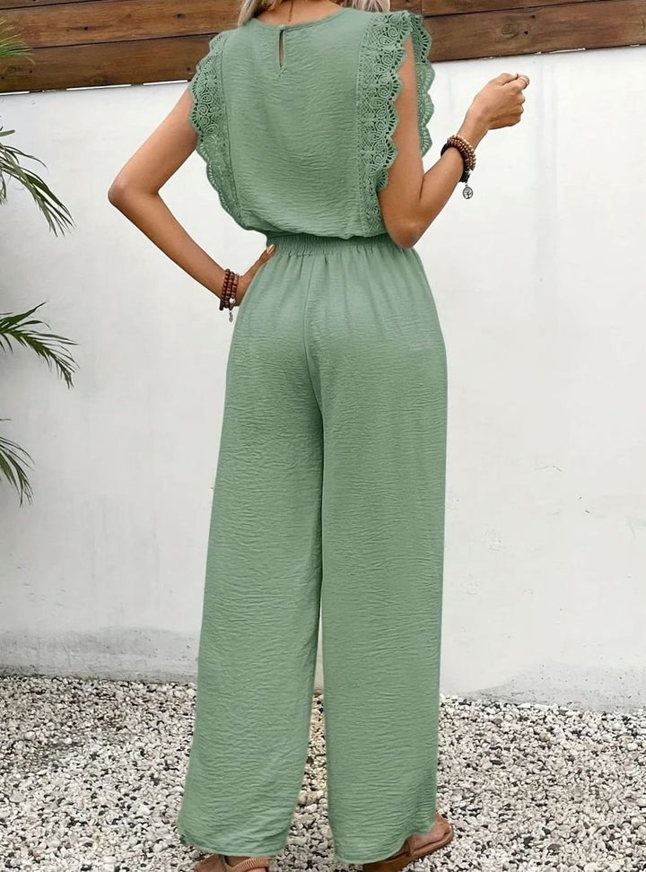 Women's Elegant Two Piece Set Lace-Trim Wide-Leg Pant Suit