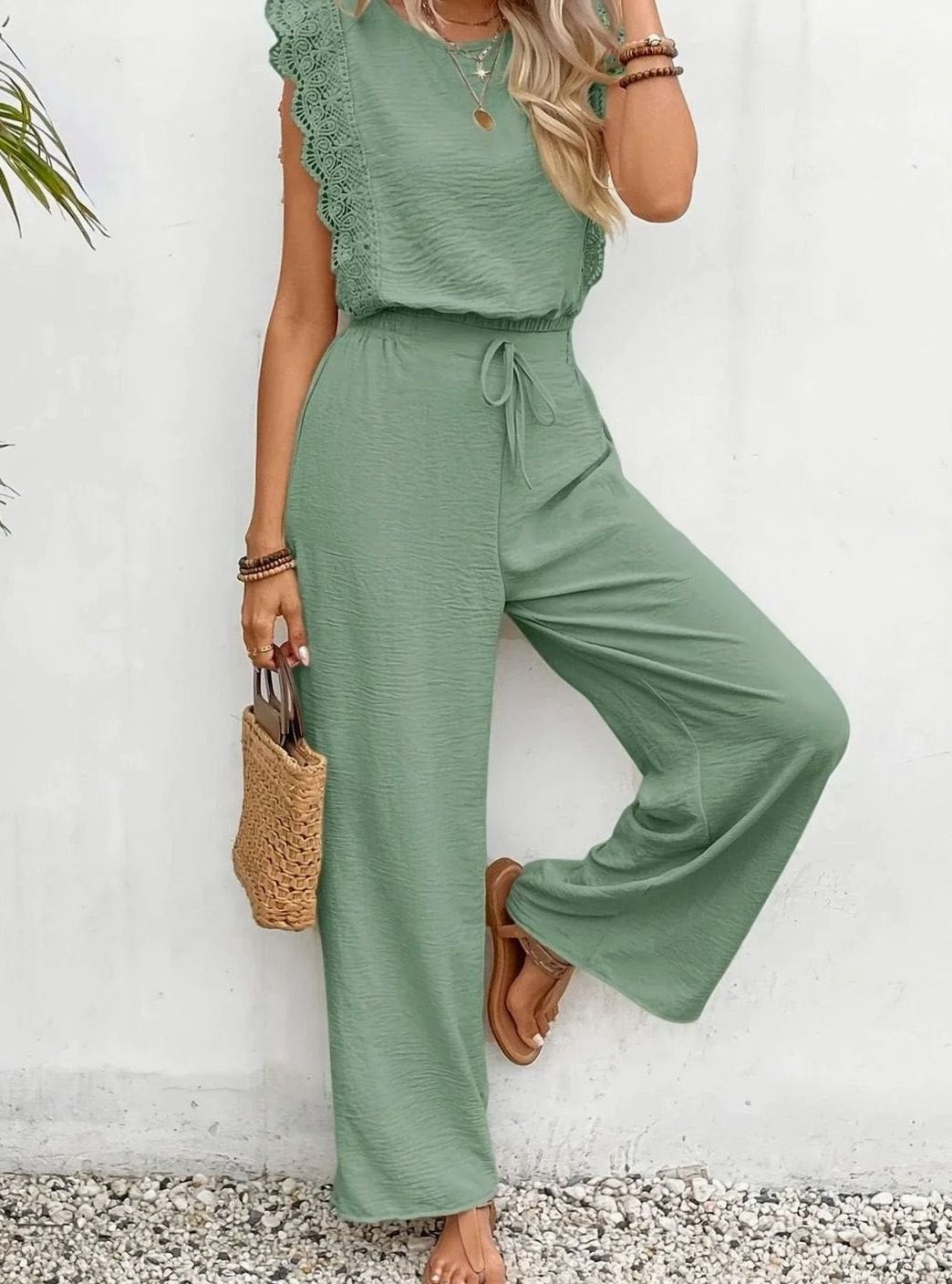 Women's Elegant Two Piece Set Lace-Trim Wide-Leg Pant Suit