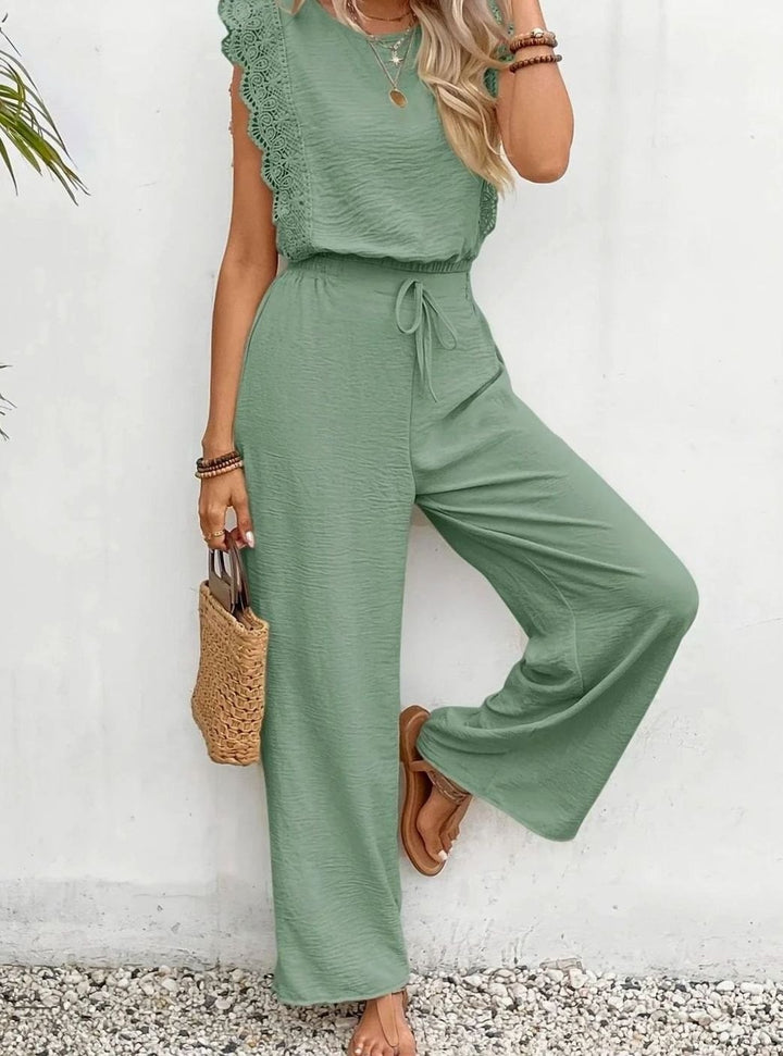 Women's Elegant Two Piece Set Lace-Trim Wide-Leg Pant Suit
