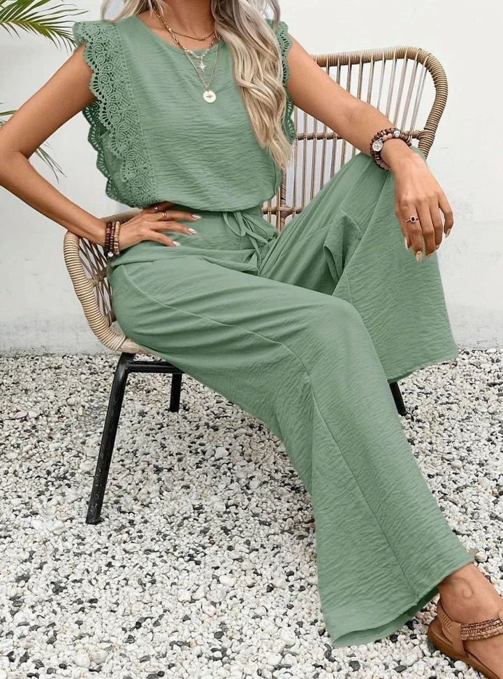 Women's Elegant Two Piece Set Lace-Trim Wide-Leg Pant Suit
