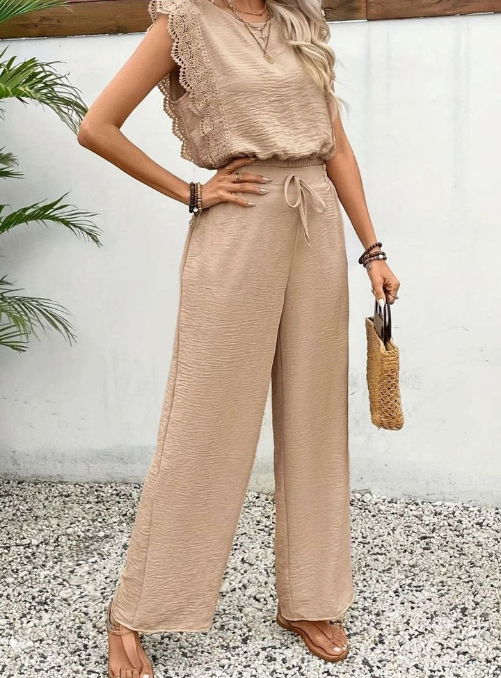 Women's Elegant Two Piece Set Lace-Trim Wide-Leg Pant Suit