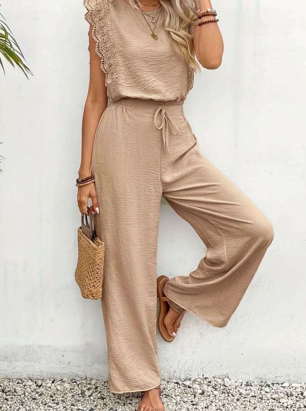 Women's Elegant Two Piece Set Lace-Trim Wide-Leg Pant Suit