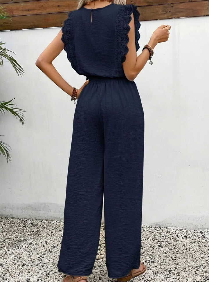 Women's Elegant Two Piece Set Lace-Trim Wide-Leg Pant Suit