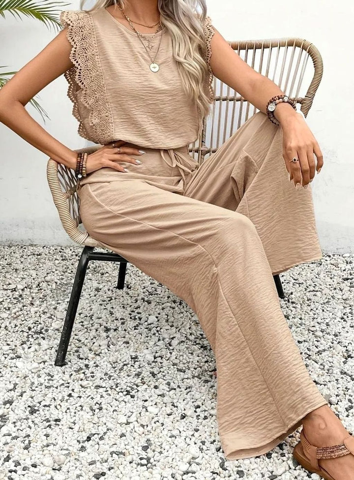 Women's Elegant Two Piece Set Lace-Trim Wide-Leg Pant Suit
