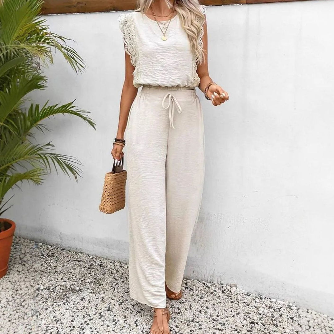 Women's Elegant Two Piece Set Lace-Trim Wide-Leg Pant Suit - Beige