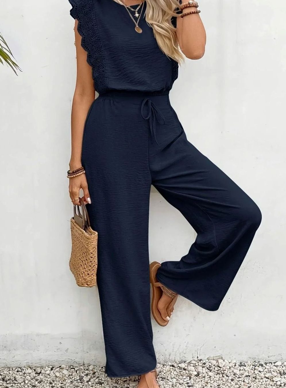 Women's Elegant Two Piece Set Lace-Trim Wide-Leg Pant Suit