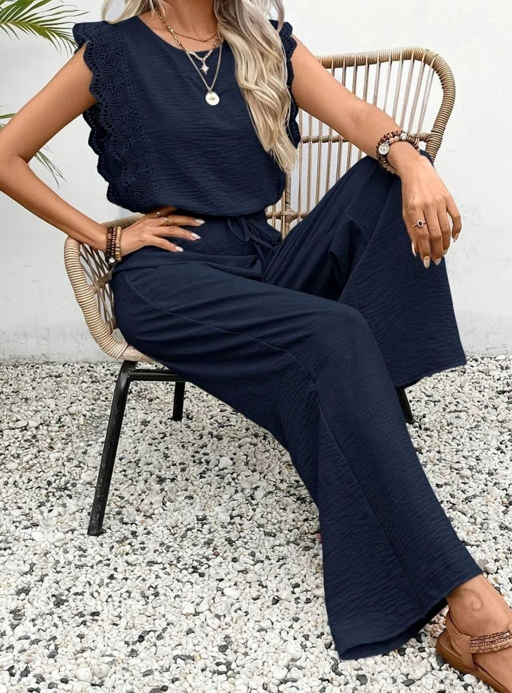 Women's Elegant Two Piece Set Lace-Trim Wide-Leg Pant Suit