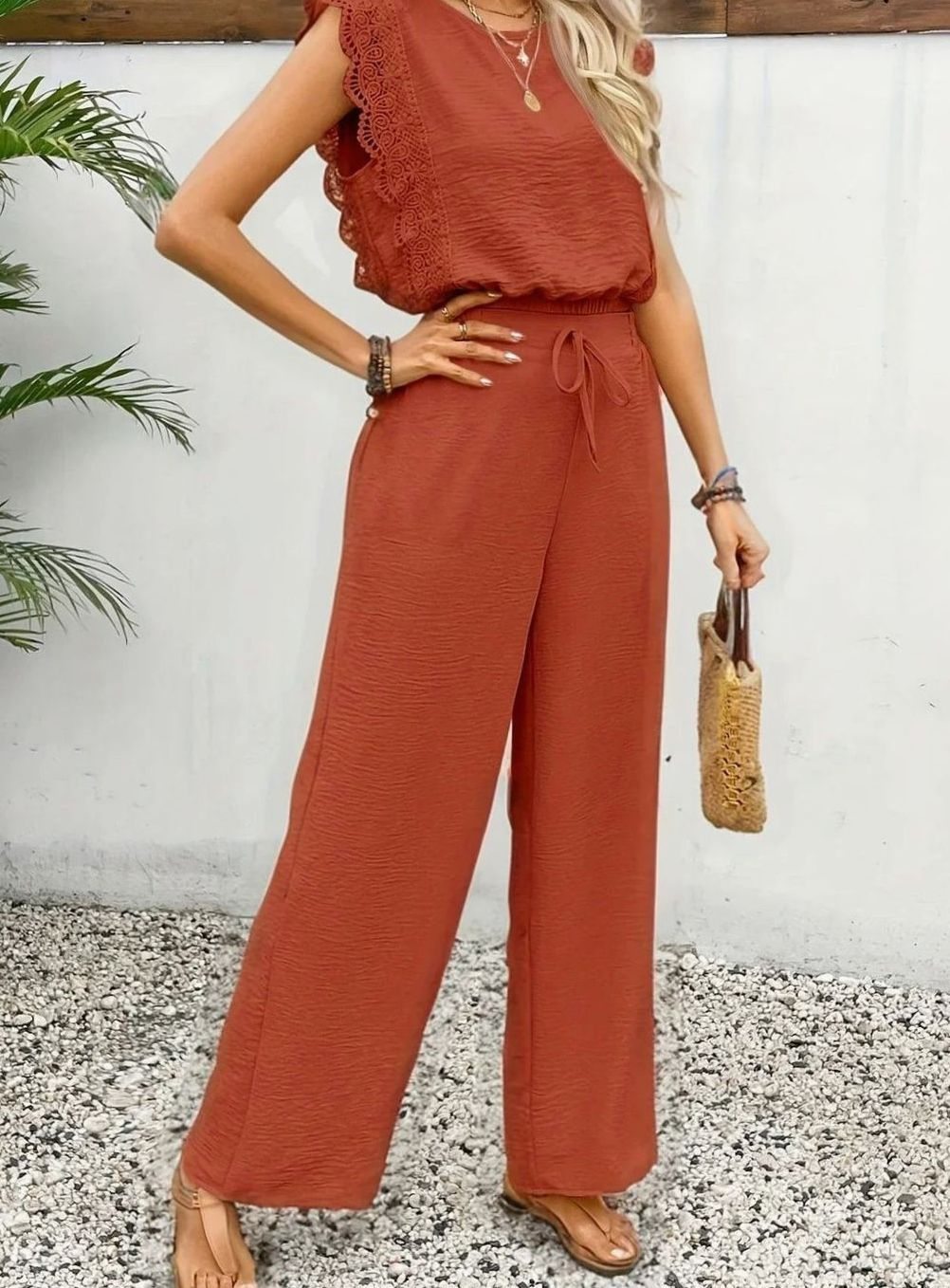 Women's Elegant Two Piece Set Lace-Trim Wide-Leg Pant Suit