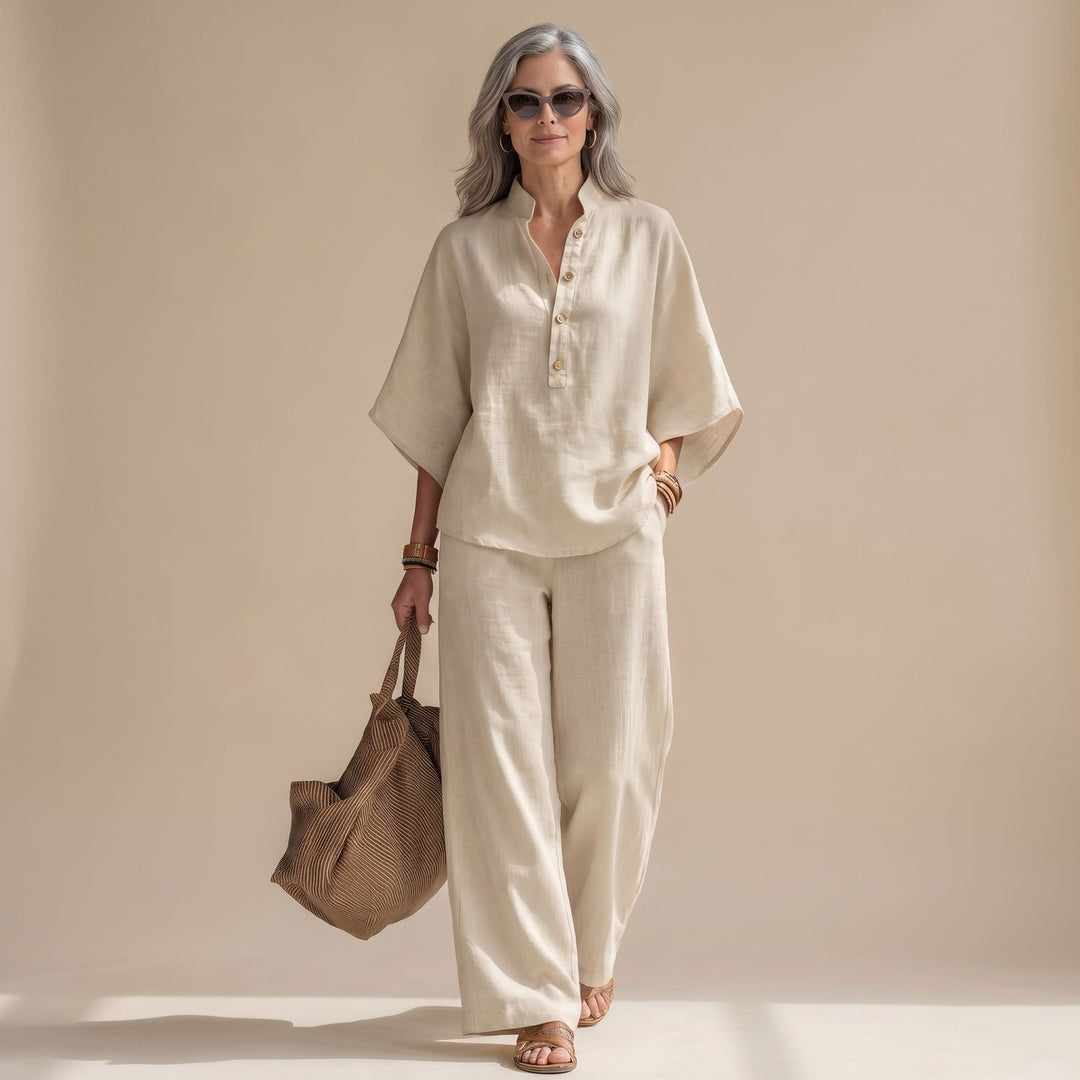 Women's Elegant Two Piece Set Linen Wide-Leg Pants Button Top - Ivory White