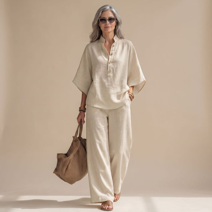Women's Elegant Two Piece Set Linen Wide-Leg Pants Button Top - Ivory White