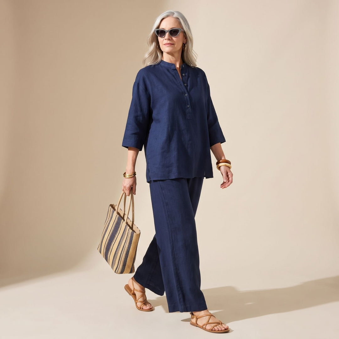 Women's Elegant Two Piece Set Linen Wide-Leg Pants Button Top - Dark Blue