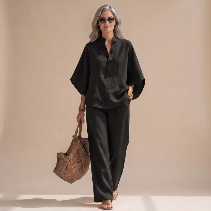Women's Elegant Two Piece Set Linen Wide-Leg Pants Button Top - Black