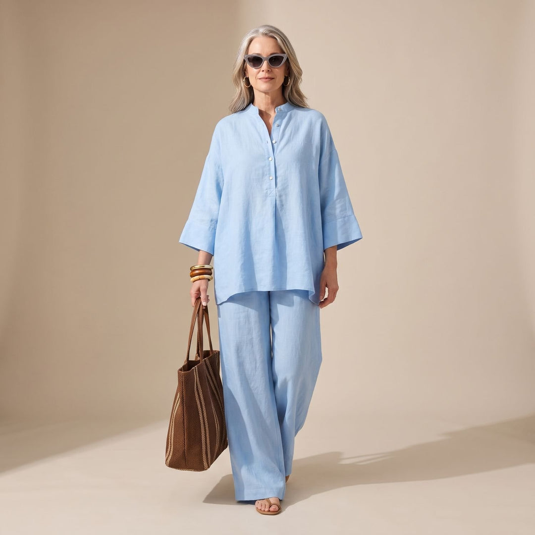 Women's Elegant Two Piece Set Linen Wide-Leg Pants Button Top - Navy Blue