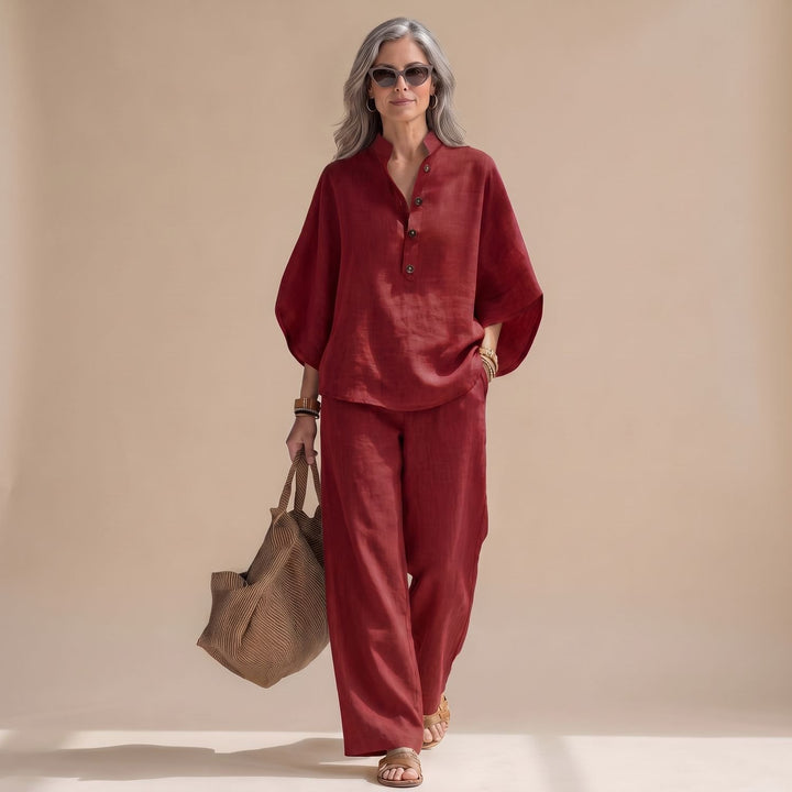 Women's Elegant Two Piece Set Linen Wide-Leg Pants Button Top - Red