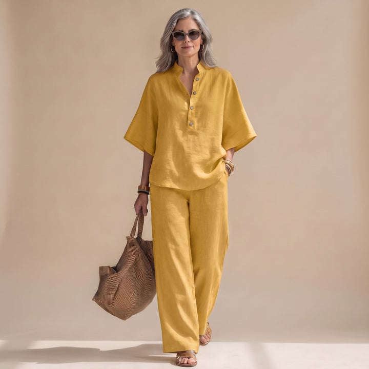 Women's Elegant Two Piece Set Linen Wide-Leg Pants Button Top - Yellow