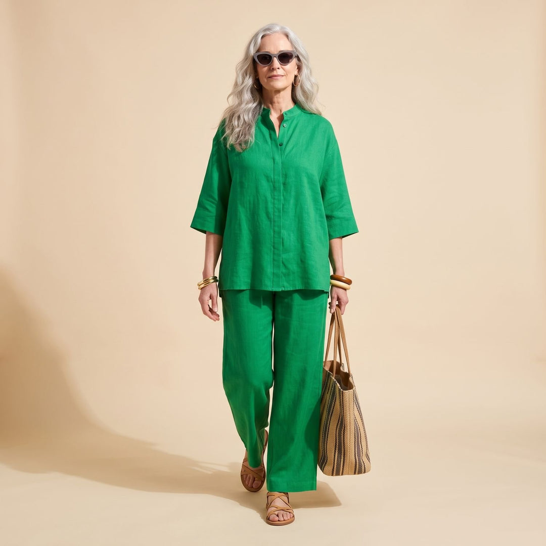 Women's Elegant Two Piece Set Linen Wide-Leg Pants Button Top - Green