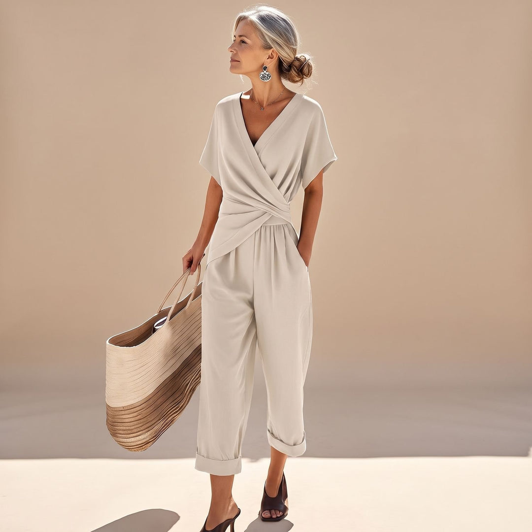 Women's Elegant Two-Piece Wrap-Front Top Cropped Pants Set - Apricot